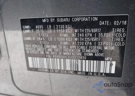 2018 Subaru Outback 2.5I из США, поврежденный, VIN 4S4BSAACXJ3312436